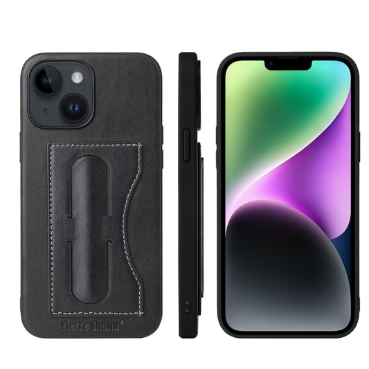 For iPhone 15 Fierre Shann Holder Back Cover PU Phone Case(Black) - iPhone 15 Cases by FIERRE SHANN | Online Shopping UK | buy2fix