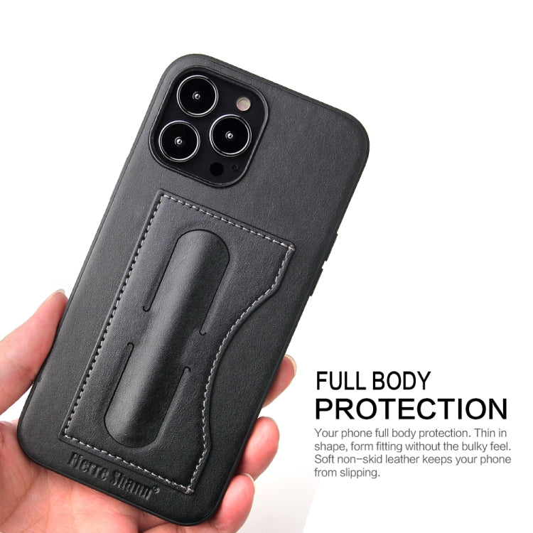 For iPhone 15 Fierre Shann Holder Back Cover PU Phone Case(Black) - iPhone 15 Cases by FIERRE SHANN | Online Shopping UK | buy2fix