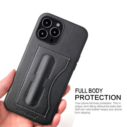 For iPhone 15 Fierre Shann Holder Back Cover PU Phone Case(Black) - iPhone 15 Cases by FIERRE SHANN | Online Shopping UK | buy2fix