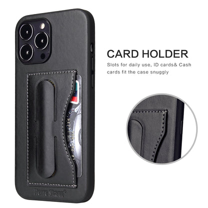 For iPhone 15 Fierre Shann Holder Back Cover PU Phone Case(Black) - iPhone 15 Cases by FIERRE SHANN | Online Shopping UK | buy2fix