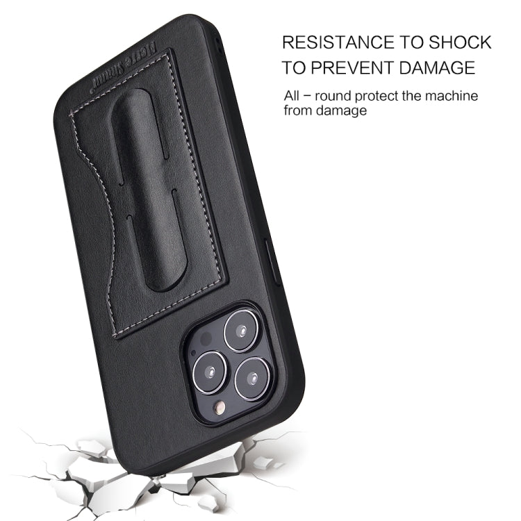 For iPhone 15 Fierre Shann Holder Back Cover PU Phone Case(Black) - iPhone 15 Cases by FIERRE SHANN | Online Shopping UK | buy2fix