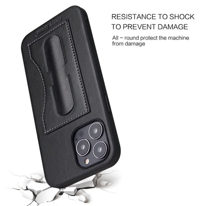 For iPhone 15 Fierre Shann Holder Back Cover PU Phone Case(Black) - iPhone 15 Cases by FIERRE SHANN | Online Shopping UK | buy2fix