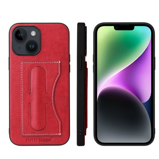 For iPhone 14 Fierre Shann Holder Back Cover PU Phone Case(Red) - iPhone 14 Cases by FIERRE SHANN | Online Shopping UK | buy2fix