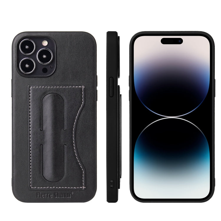 For iPhone 14 Pro Fierre Shann Holder Back Cover PU Phone Case(Black) - iPhone 14 Pro Cases by FIERRE SHANN | Online Shopping UK | buy2fix