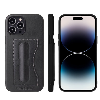 For iPhone 14 Pro Fierre Shann Holder Back Cover PU Phone Case(Black) - iPhone 14 Pro Cases by FIERRE SHANN | Online Shopping UK | buy2fix