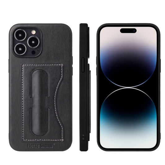 For iPhone 14 Pro Fierre Shann Holder Back Cover PU Phone Case(Black) - iPhone 14 Pro Cases by FIERRE SHANN | Online Shopping UK | buy2fix