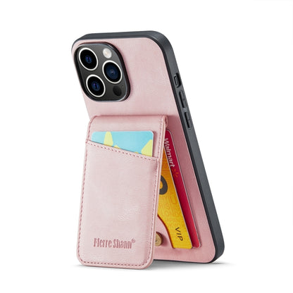 For iPhone 15 Pro Fierre Shann Crazy Horse Card Holder Back Cover PU Phone Case(Pink) - iPhone 15 Pro Cases by FIERRE SHANN | Online Shopping UK | buy2fix