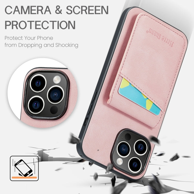 For iPhone 15 Pro Fierre Shann Crazy Horse Card Holder Back Cover PU Phone Case(Pink) - iPhone 15 Pro Cases by FIERRE SHANN | Online Shopping UK | buy2fix