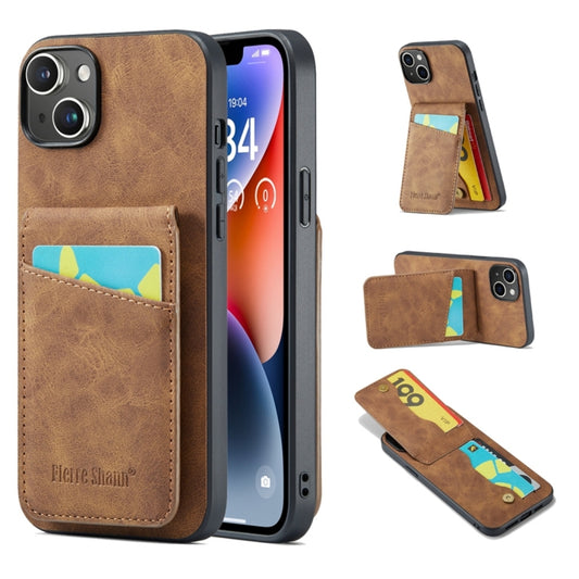For iPhone 15 Plus Fierre Shann Crazy Horse Card Holder Back Cover PU Phone Case(Brown) - iPhone 15 Plus Cases by FIERRE SHANN | Online Shopping UK | buy2fix