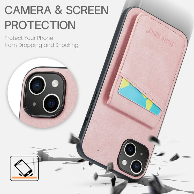 For iPhone 15 Fierre Shann Crazy Horse Card Holder Back Cover PU Phone Case(Pink) - iPhone 15 Cases by FIERRE SHANN | Online Shopping UK | buy2fix