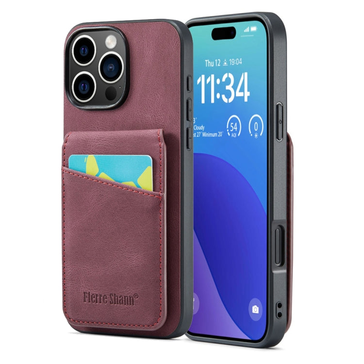 For iPhone 16 Pro Max Fierre Shann Crazy Horse Card Holder Back Cover PU Phone Case(Wine Red) by FIERRE SHANN