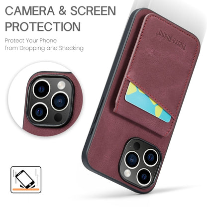 For iPhone 16 Pro Max Fierre Shann Crazy Horse Card Holder Back Cover PU Phone Case(Wine Red) by FIERRE SHANN