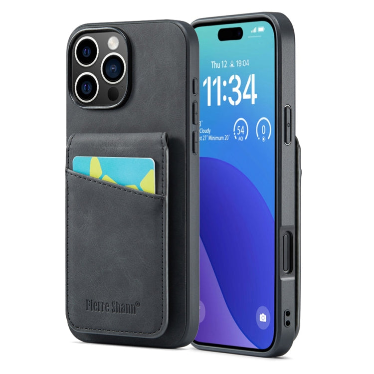 For iPhone 16 Pro Max Fierre Shann Crazy Horse Card Holder Back Cover PU Phone Case(Black) by FIERRE SHANN