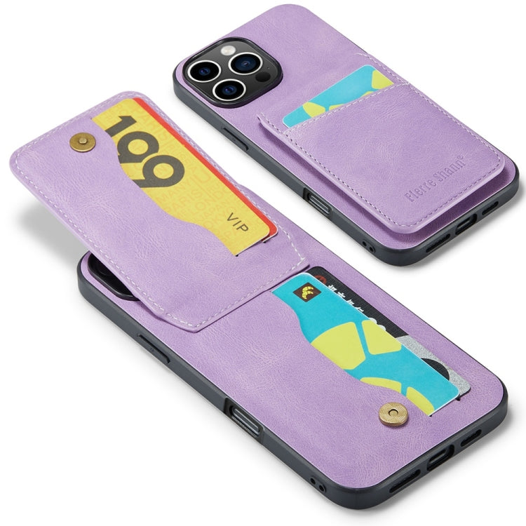 For iPhone 16 Pro Max Fierre Shann Crazy Horse Card Holder Back Cover PU Phone Case(Purple) by FIERRE SHANN