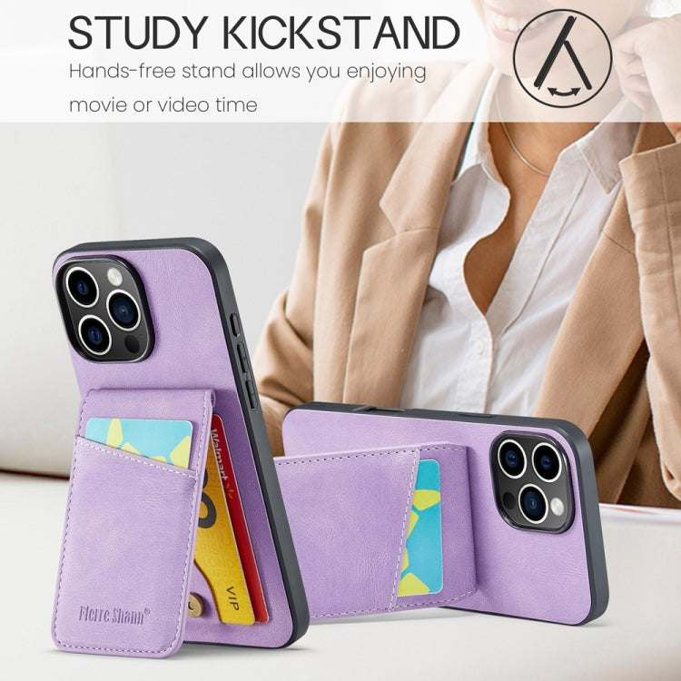For iPhone 16 Pro Max Fierre Shann Crazy Horse Card Holder Back Cover PU Phone Case(Purple) by FIERRE SHANN