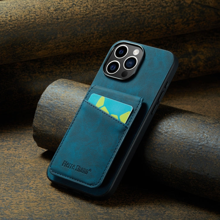 For iPhone 16 Pro Max Fierre Shann Crazy Horse Card Holder Back Cover PU Phone Case(Blue) by FIERRE SHANN