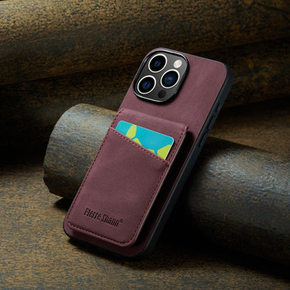 For iPhone 16 Pro Fierre Shann Crazy Horse Card Holder Back Cover PU Phone Case(Wine Red) by FIERRE SHANN