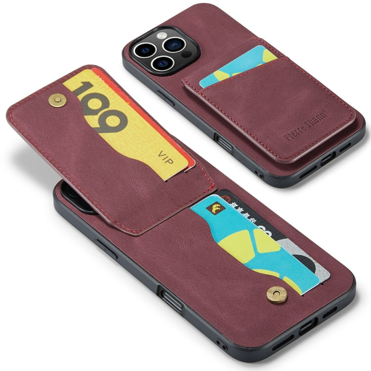 For iPhone 16 Pro Fierre Shann Crazy Horse Card Holder Back Cover PU Phone Case(Wine Red) by FIERRE SHANN