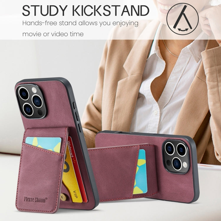 For iPhone 16 Pro Fierre Shann Crazy Horse Card Holder Back Cover PU Phone Case(Wine Red) by FIERRE SHANN