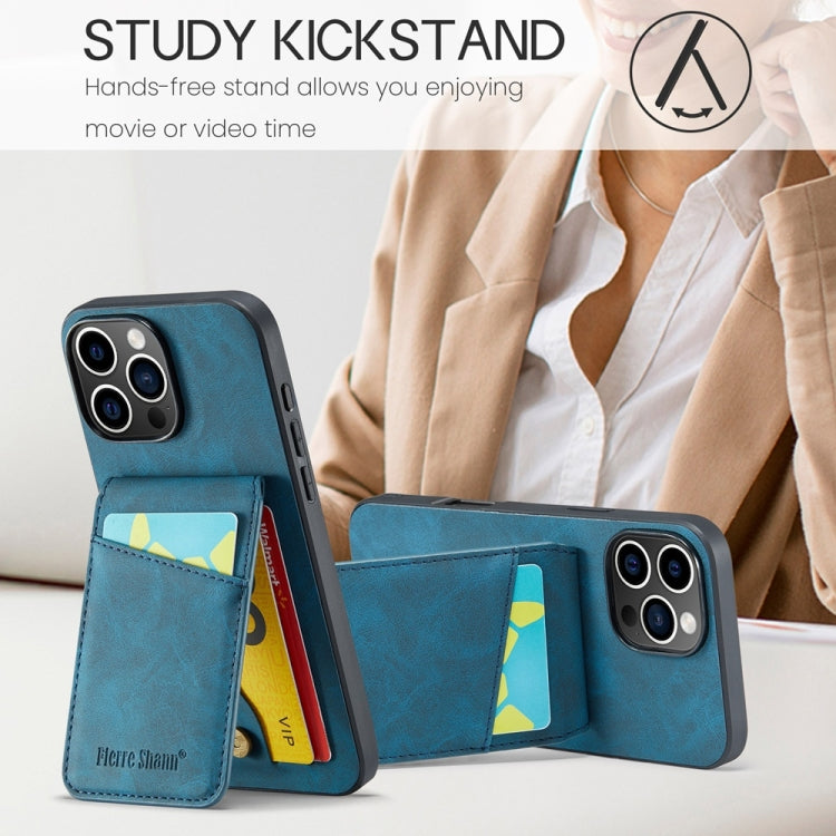 For iPhone 16 Pro Fierre Shann Crazy Horse Card Holder Back Cover PU Phone Case(Blue) by FIERRE SHANN