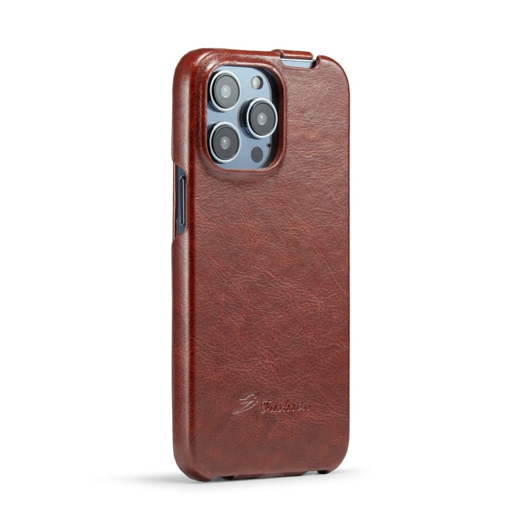 For iPhone 15 Pro Max Fierre Shann Oil Wax Texture Vertical Flip PU Phone Case(Brown) by FIERRE SHANN