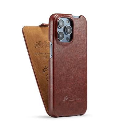 For iPhone 15 Pro Max Fierre Shann Oil Wax Texture Vertical Flip PU Phone Case(Brown) by FIERRE SHANN