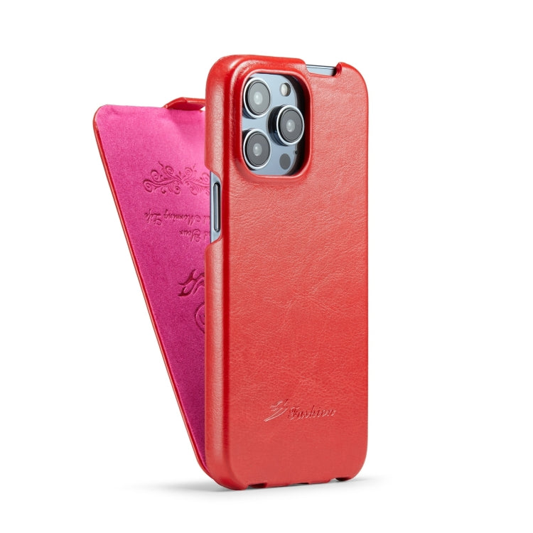 For iPhone 15 Pro Fierre Shann Oil Wax Texture Vertical Flip PU Phone Case(Red) - iPhone 15 Pro Cases by FIERRE SHANN | Online Shopping UK | buy2fix