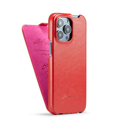 For iPhone 15 Pro Fierre Shann Oil Wax Texture Vertical Flip PU Phone Case(Red) - iPhone 15 Pro Cases by FIERRE SHANN | Online Shopping UK | buy2fix