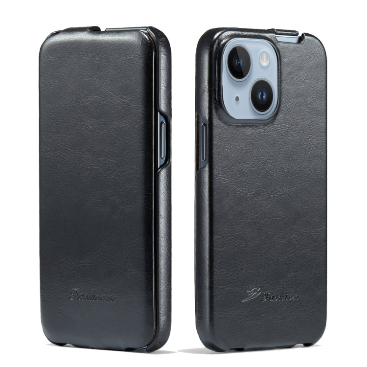 For iPhone 15 Plus Fierre Shann Oil Wax Texture Vertical Flip PU Phone Case(Black) - iPhone 15 Plus Cases by FIERRE SHANN | Online Shopping UK | buy2fix
