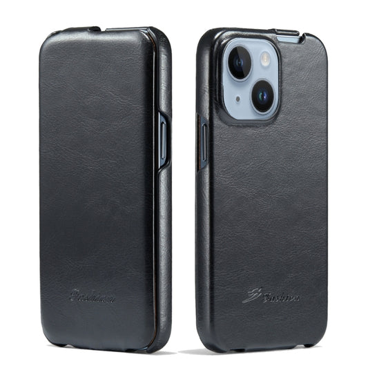 For iPhone 15 Plus Fierre Shann Oil Wax Texture Vertical Flip PU Phone Case(Black) - iPhone 15 Plus Cases by FIERRE SHANN | Online Shopping UK | buy2fix