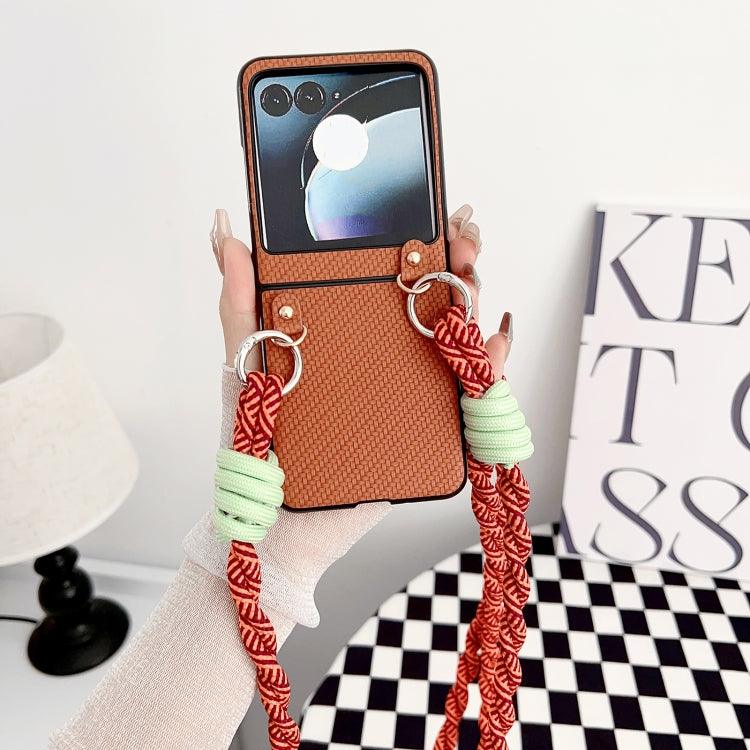 For Motorola Razr 50 Woven Texture Phone Case With Lanyard(Brown) by buy2fix