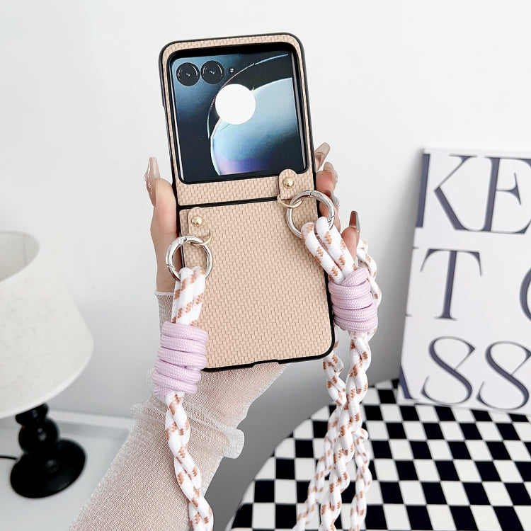 For Motorola Razr 50 Woven Texture Phone Case With Lanyard(Beige) by buy2fix
