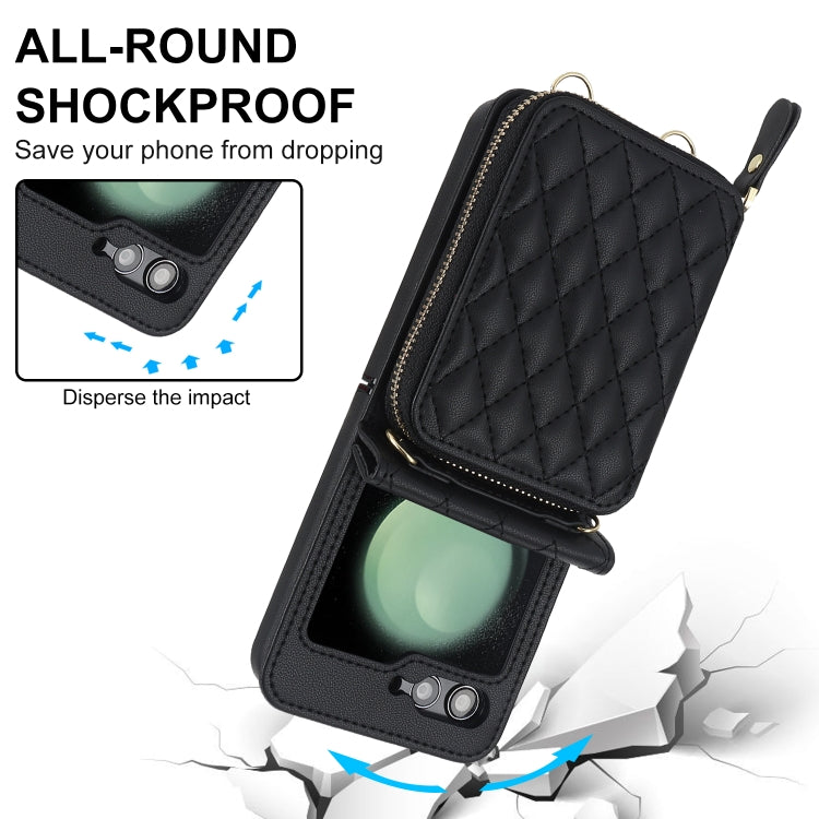 For Samsung Galaxy Z Flip5 Rhombic Texture Card Bag Phone Case with Dual Lanyard(Black) - Galaxy Z Flip5 Cases by buy2fix | Online Shopping UK | buy2fix