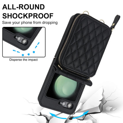 For Samsung Galaxy Z Flip5 Rhombic Texture Card Bag Phone Case with Dual Lanyard(Black) - Galaxy Z Flip5 Cases by buy2fix | Online Shopping UK | buy2fix