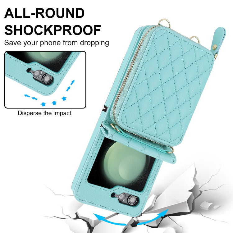 For Samsung Galaxy Z Flip5 Rhombic Texture Card Bag Phone Case with Dual Lanyard(Green) - Galaxy Z Flip5 Cases by buy2fix | Online Shopping UK | buy2fix