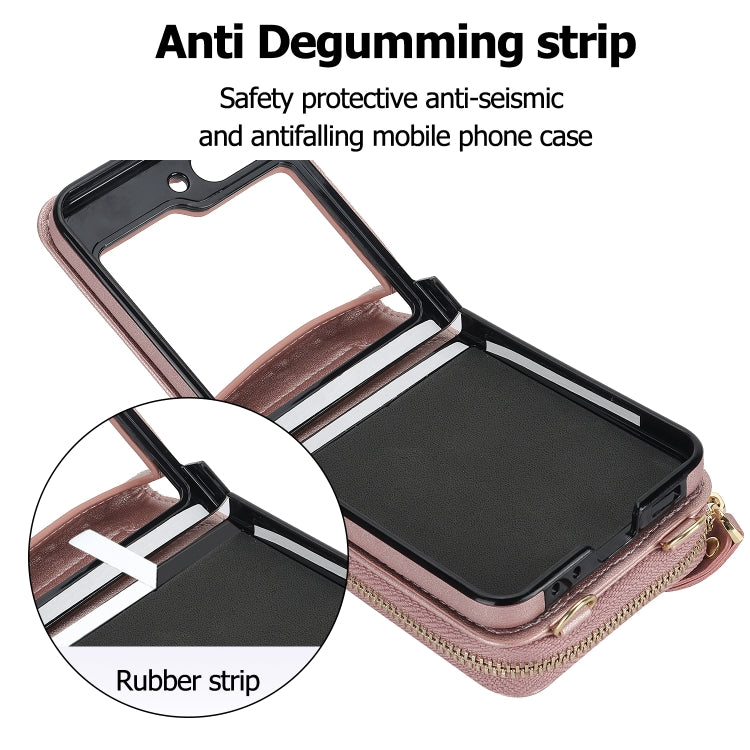 For Samsung Galaxy Z Flip5 Rhombic Texture Card Bag Phone Case with Dual Lanyard(Rose Gold) - Galaxy Z Flip5 Cases by buy2fix | Online Shopping UK | buy2fix