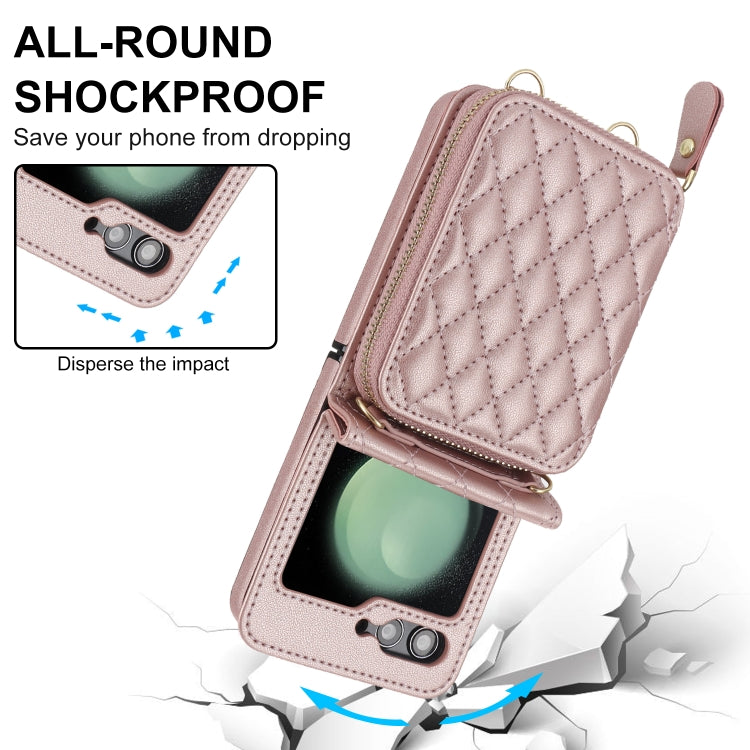 For Samsung Galaxy Z Flip5 Rhombic Texture Card Bag Phone Case with Dual Lanyard(Rose Gold) - Galaxy Z Flip5 Cases by buy2fix | Online Shopping UK | buy2fix