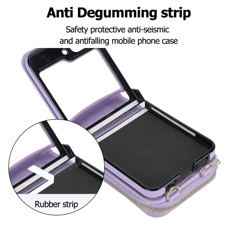 For Samsung Galaxy Z Flip5 Rhombic Texture Card Bag Phone Case with Dual Lanyard(Purple) - Galaxy Z Flip5 Cases by buy2fix | Online Shopping UK | buy2fix