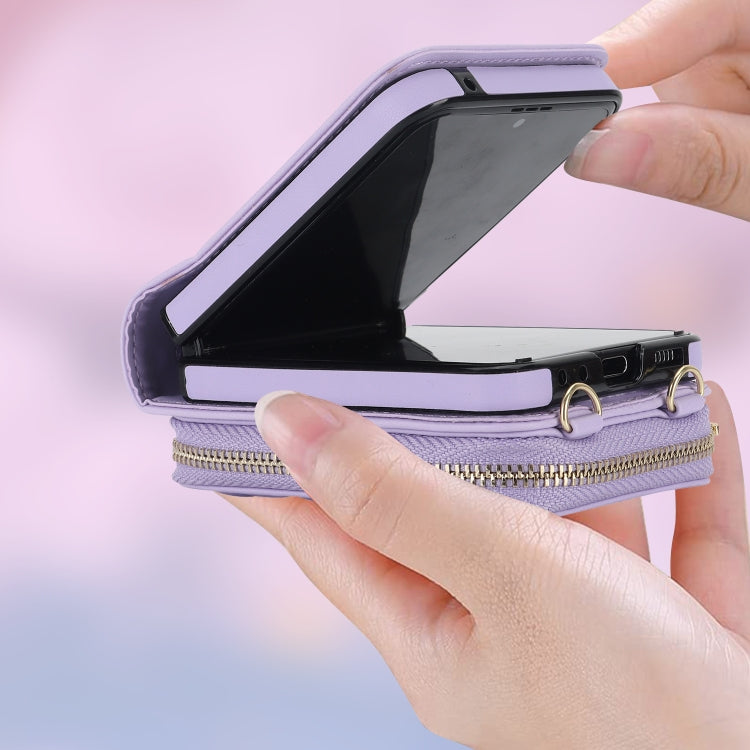 For Samsung Galaxy Z Flip5 Rhombic Texture Card Bag Phone Case with Dual Lanyard(Purple) - Galaxy Z Flip5 Cases by buy2fix | Online Shopping UK | buy2fix