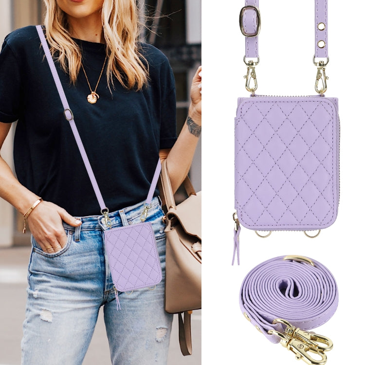 For Samsung Galaxy Z Flip5 Rhombic Texture Card Bag Phone Case with Dual Lanyard(Purple) - Galaxy Z Flip5 Cases by buy2fix | Online Shopping UK | buy2fix