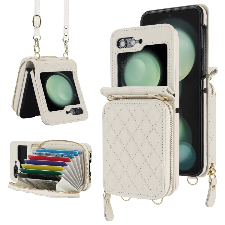 For Samsung Galaxy Z Flip5 Rhombic Texture Card Bag Phone Case with Dual Lanyard(White) - Galaxy Z Flip5 Cases by buy2fix | Online Shopping UK | buy2fix