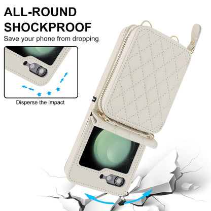 For Samsung Galaxy Z Flip5 Rhombic Texture Card Bag Phone Case with Dual Lanyard(White) - Galaxy Z Flip5 Cases by buy2fix | Online Shopping UK | buy2fix