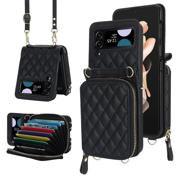 For Samsung Galaxy Z Flip4 Rhombic Texture Card Bag Phone Case with Dual Lanyard(Black) - Galaxy Z Flip4 5G Cases by buy2fix | Online Shopping UK | buy2fix