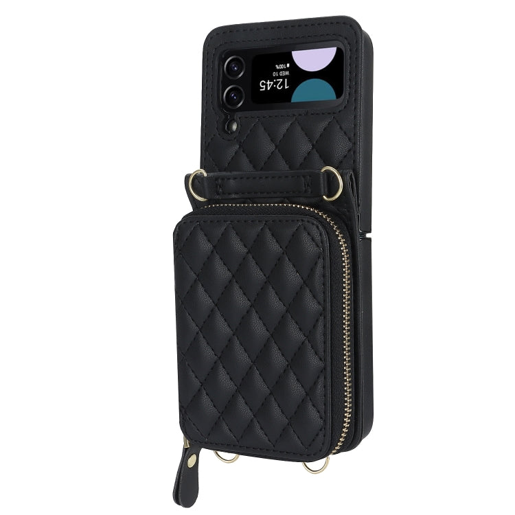 For Samsung Galaxy Z Flip4 Rhombic Texture Card Bag Phone Case with Dual Lanyard(Black) - Galaxy Z Flip4 5G Cases by buy2fix | Online Shopping UK | buy2fix