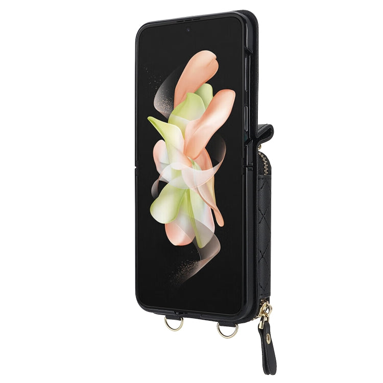 For Samsung Galaxy Z Flip4 Rhombic Texture Card Bag Phone Case with Dual Lanyard(Black) - Galaxy Z Flip4 5G Cases by buy2fix | Online Shopping UK | buy2fix