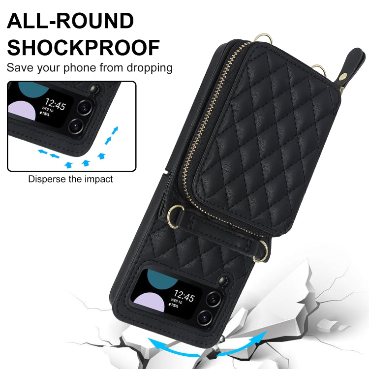 For Samsung Galaxy Z Flip4 Rhombic Texture Card Bag Phone Case with Dual Lanyard(Black) - Galaxy Z Flip4 5G Cases by buy2fix | Online Shopping UK | buy2fix