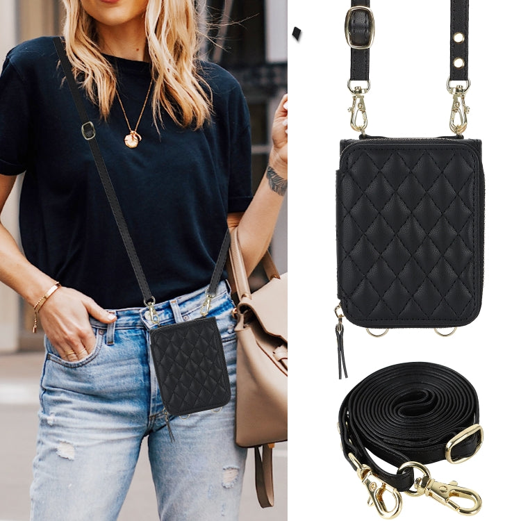 For Samsung Galaxy Z Flip4 Rhombic Texture Card Bag Phone Case with Dual Lanyard(Black) - Galaxy Z Flip4 5G Cases by buy2fix | Online Shopping UK | buy2fix