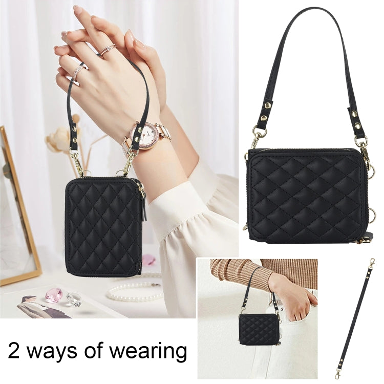 For Samsung Galaxy Z Flip4 Rhombic Texture Card Bag Phone Case with Dual Lanyard(Black) - Galaxy Z Flip4 5G Cases by buy2fix | Online Shopping UK | buy2fix