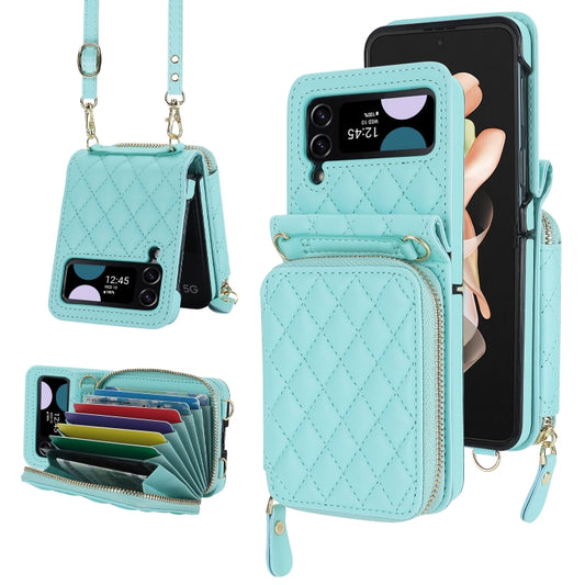 For Samsung Galaxy Z Flip4 Rhombic Texture Card Bag Phone Case with Dual Lanyard(Green) - Galaxy Z Flip4 5G Cases by buy2fix | Online Shopping UK | buy2fix