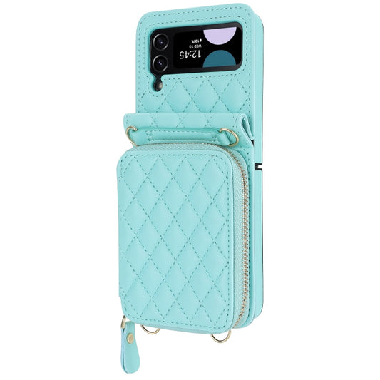 For Samsung Galaxy Z Flip4 Rhombic Texture Card Bag Phone Case with Dual Lanyard(Green) - Galaxy Z Flip4 5G Cases by buy2fix | Online Shopping UK | buy2fix